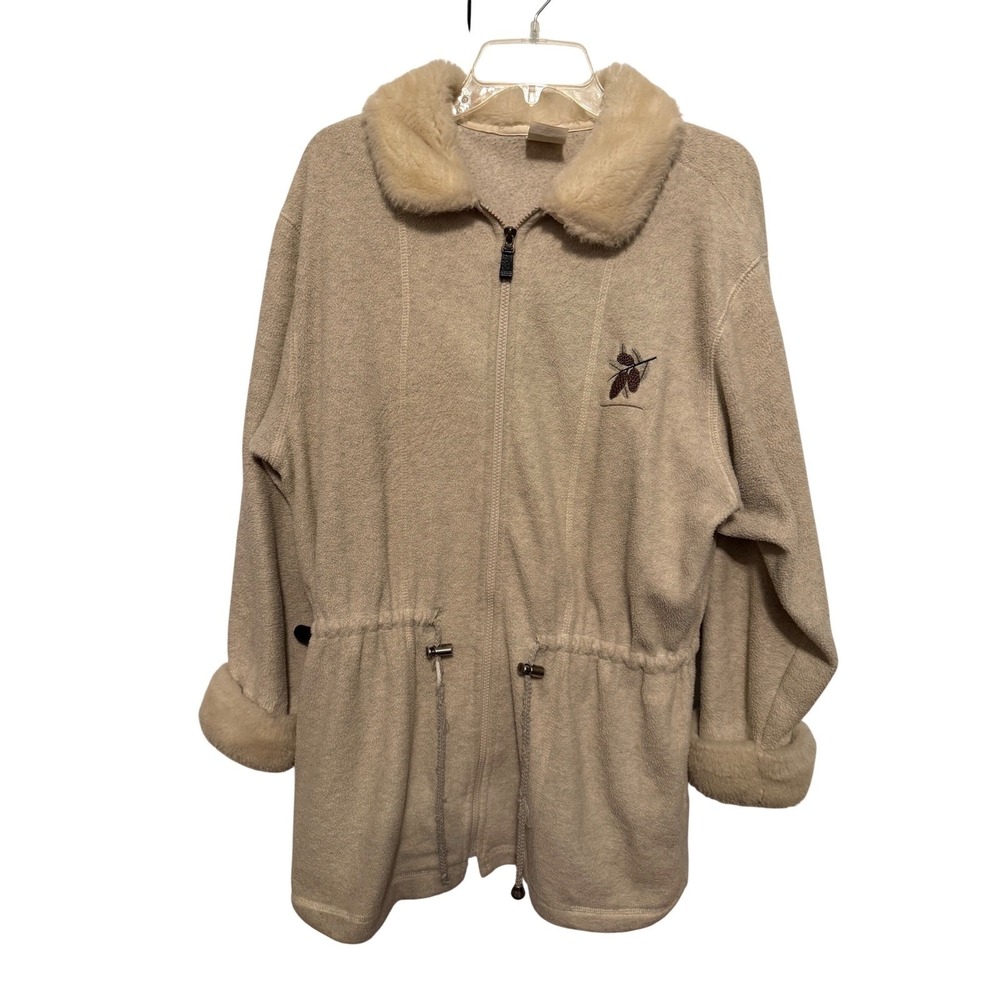 Cityscape‎ Vintage Fleece Jacket Beige Faux Fur Cuffs/Collar Made in Canada Sz L